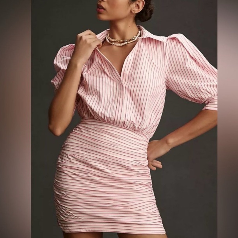 NWT MAEVE / ANTROPOLOGIE PINK & WHITE STRIPED BUTTON UP RUCHED SHIRTDRESS MEDIUM